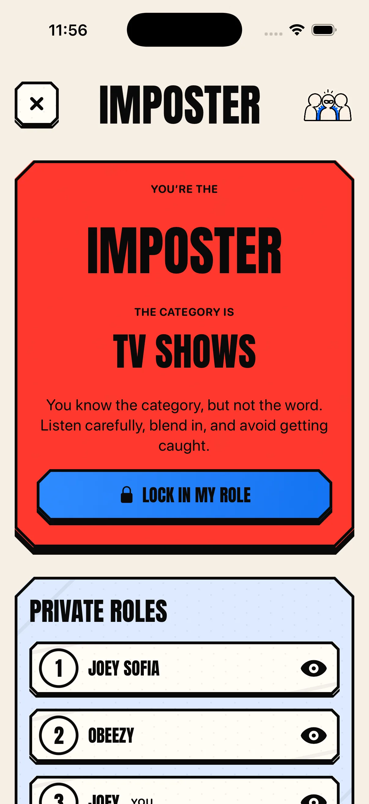 Real Stuff To Do iPhone screen: the Imposter knows the category, TV Shows, but must bluff without knowing the secret word.